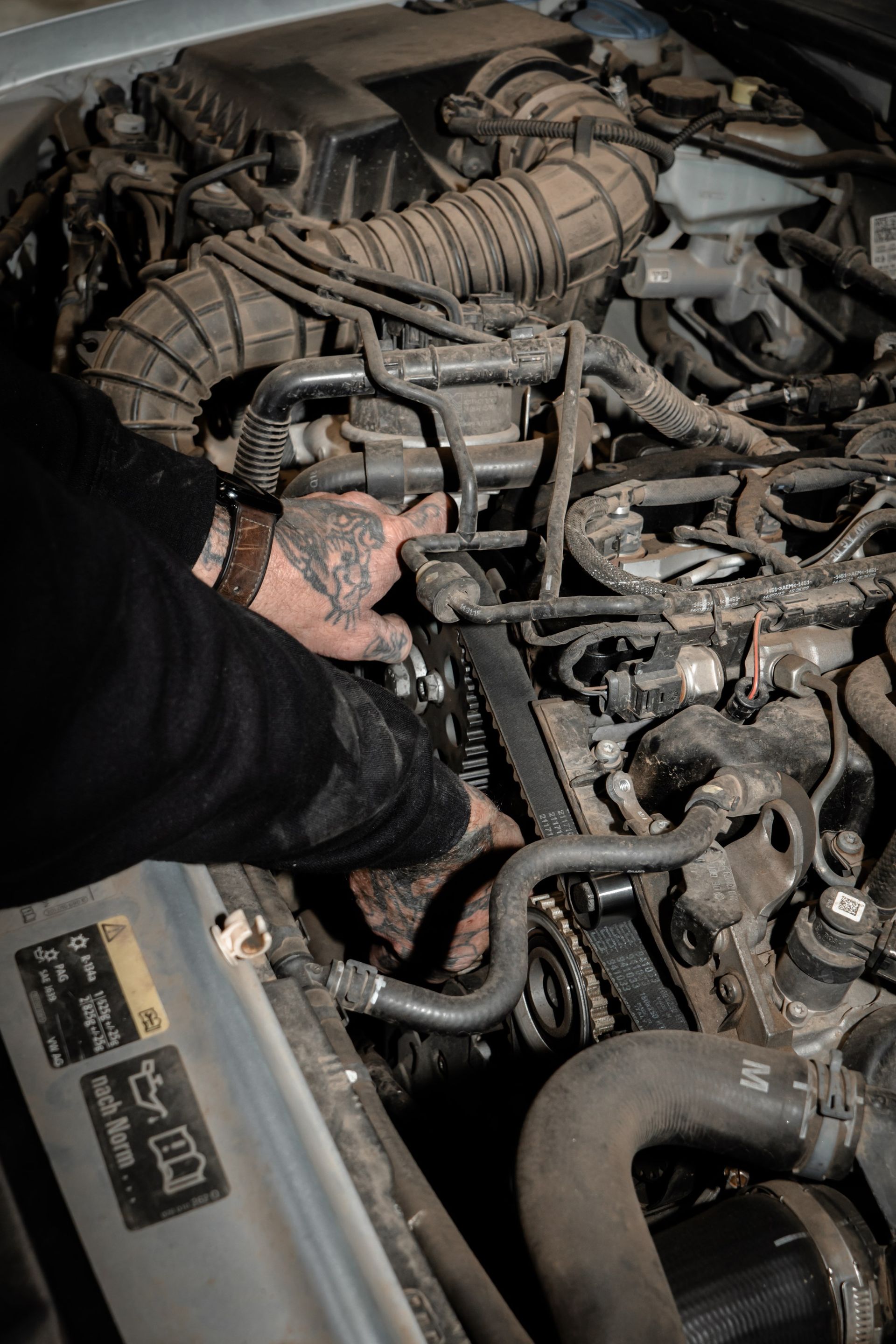 Mechanic changing a timing belt