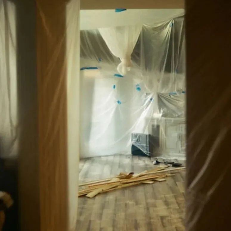 A room with a lot of plastic covering it