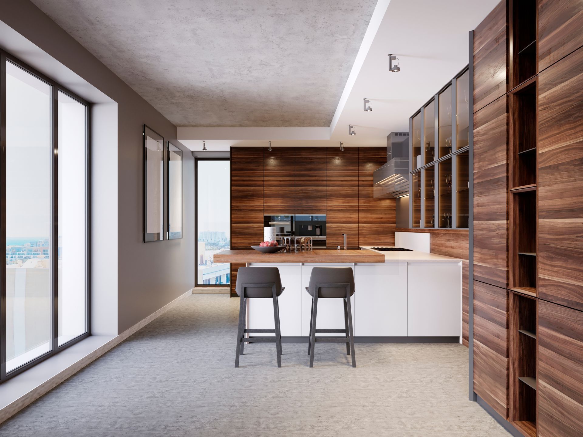 A modern kitchen with wooden cabinets and stools