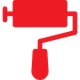 A red paint roller with a long handle on a white background.