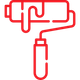 A red paint roller with a handle on a white background.