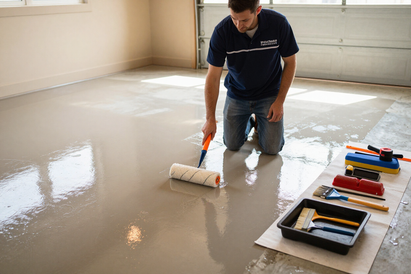 Contractor applying epoxy floor coating in a residential garage