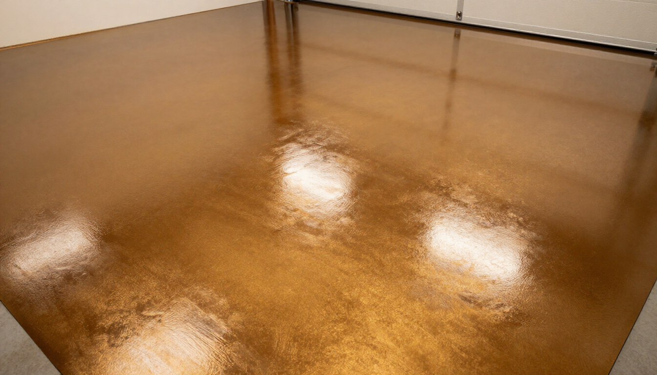 Polished metallic epoxy garage floor with high-gloss finish