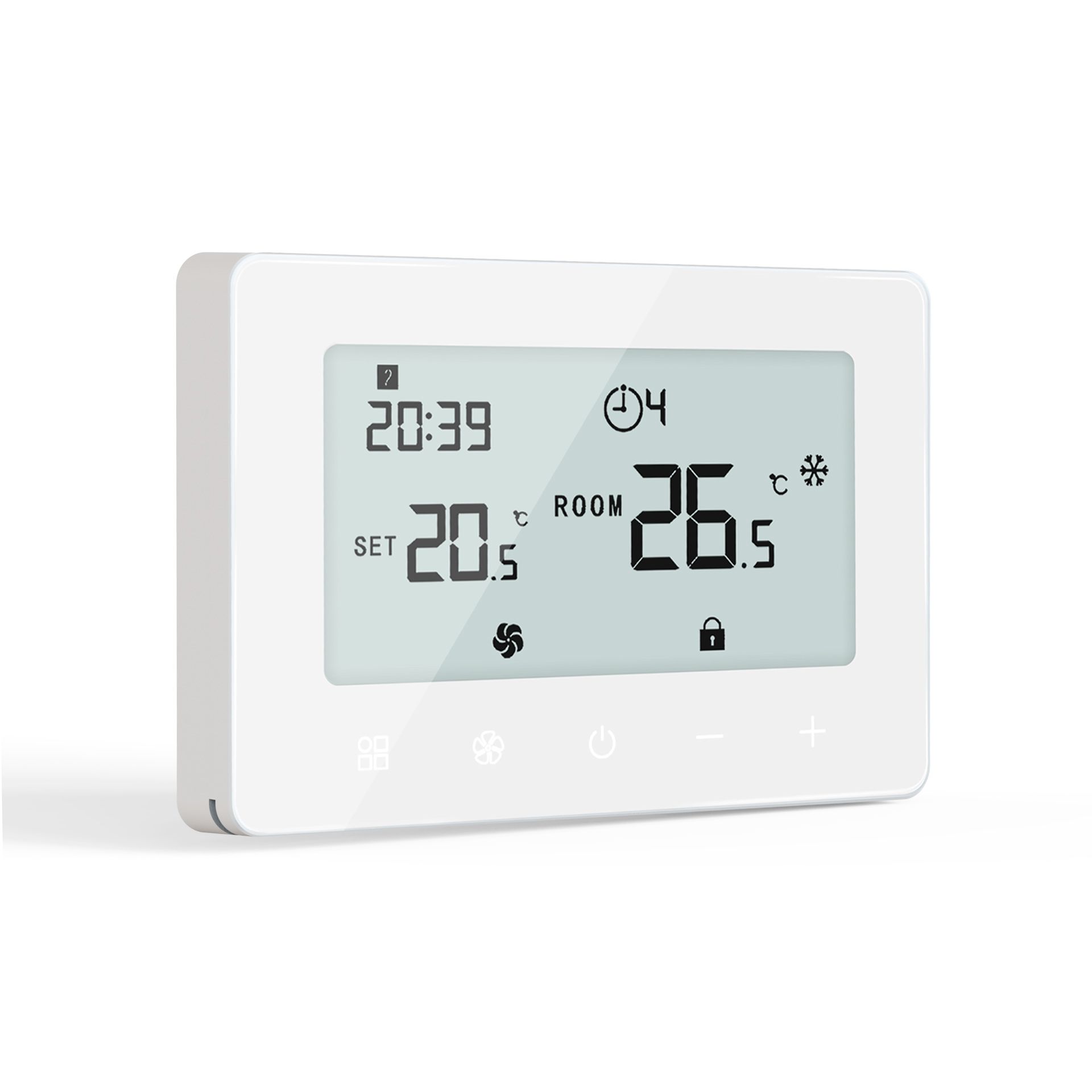 White digital thermostat displaying time, set temperature, and room temperature.