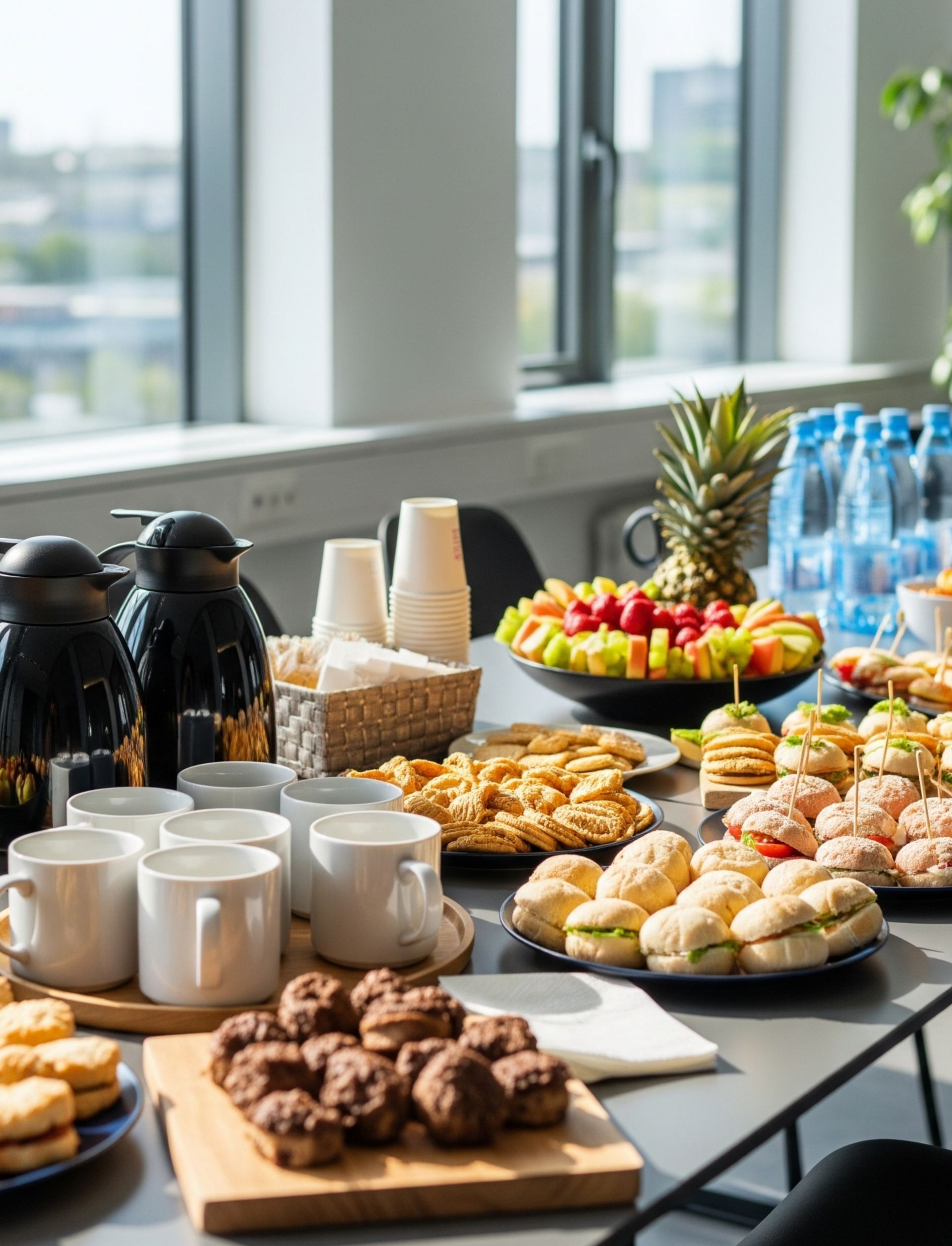 Uma mesa coberta com uma variedade de comidas e bebidas.