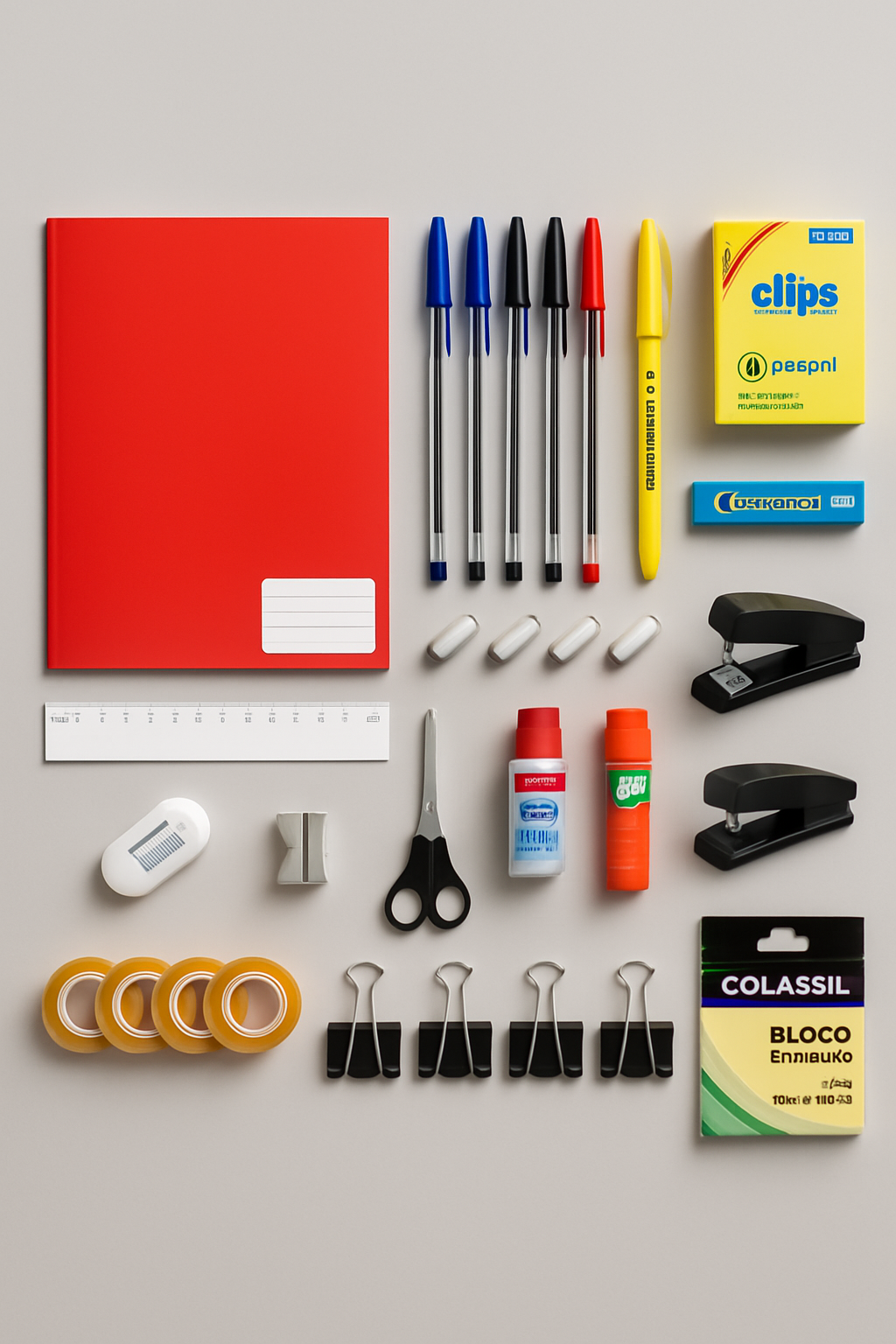 Um monte de materiais escolares estão dispostos sobre uma mesa
