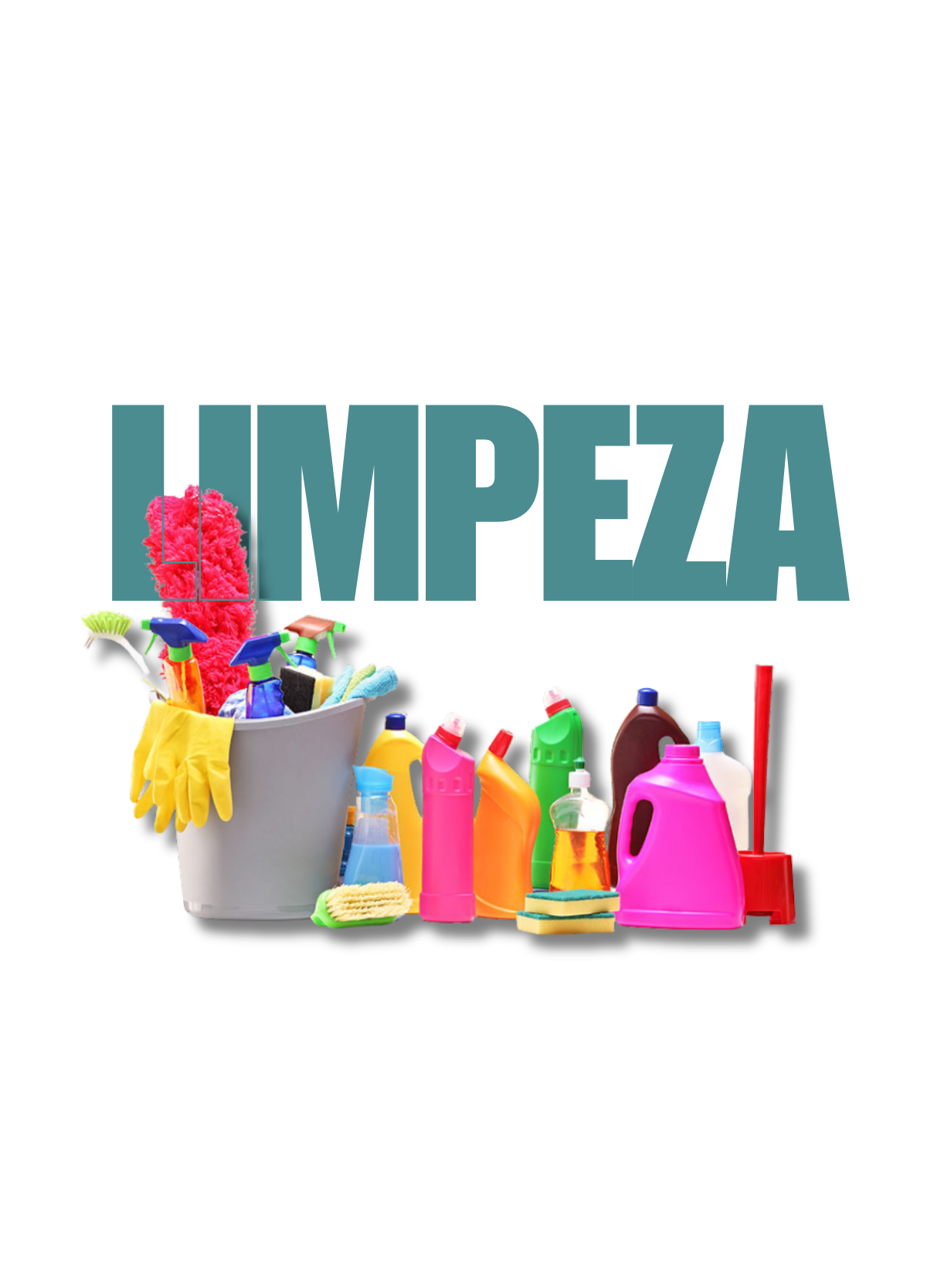 Um balde cheio de produtos de limpeza e a palavra limpeza.