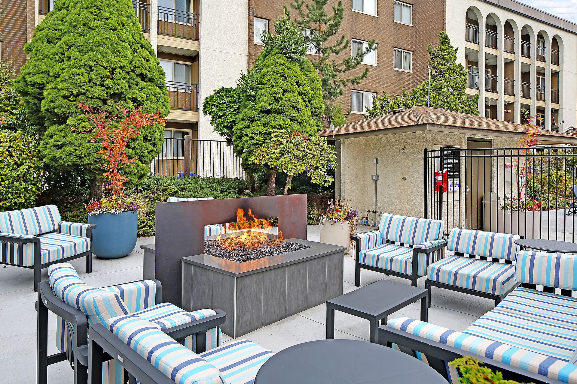 There is a fire pit in the middle of the patio.