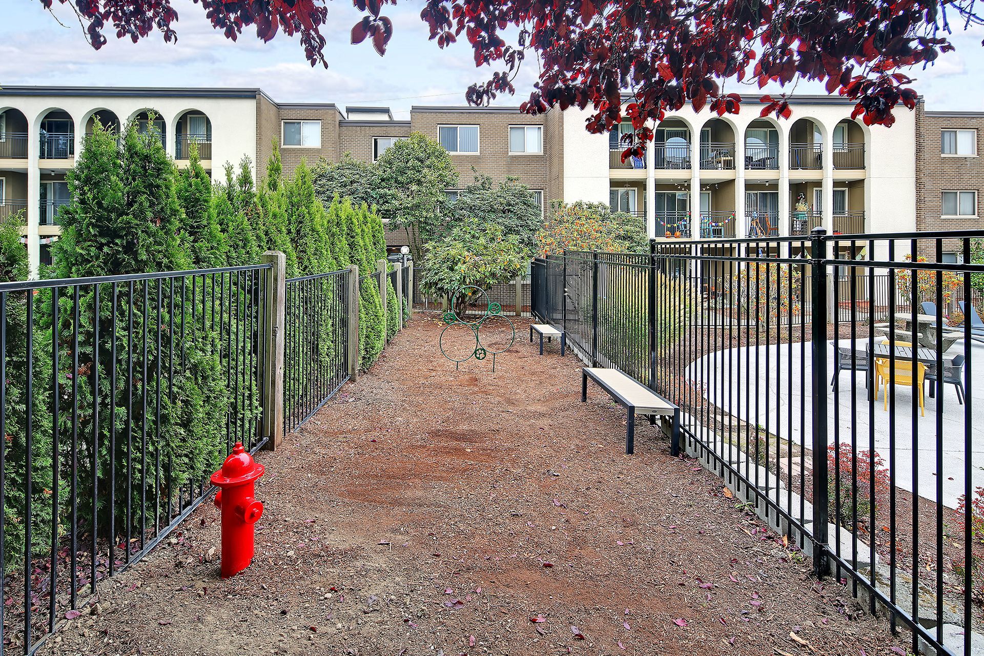 A red fire hydrant is in the middle of a dog park.
