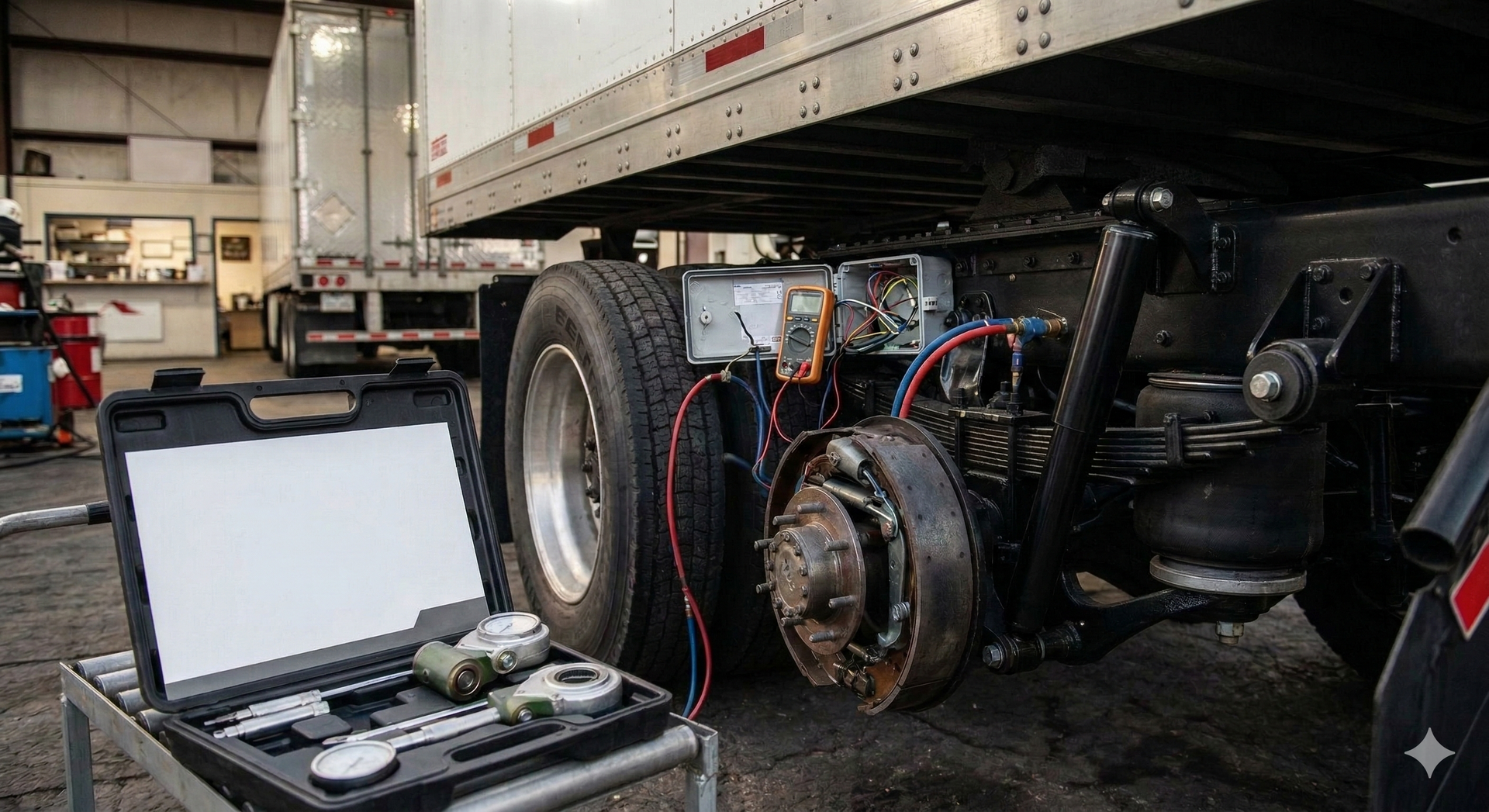 Semi-truck repair in a shop; a toolbox with tools is in front of the tire.