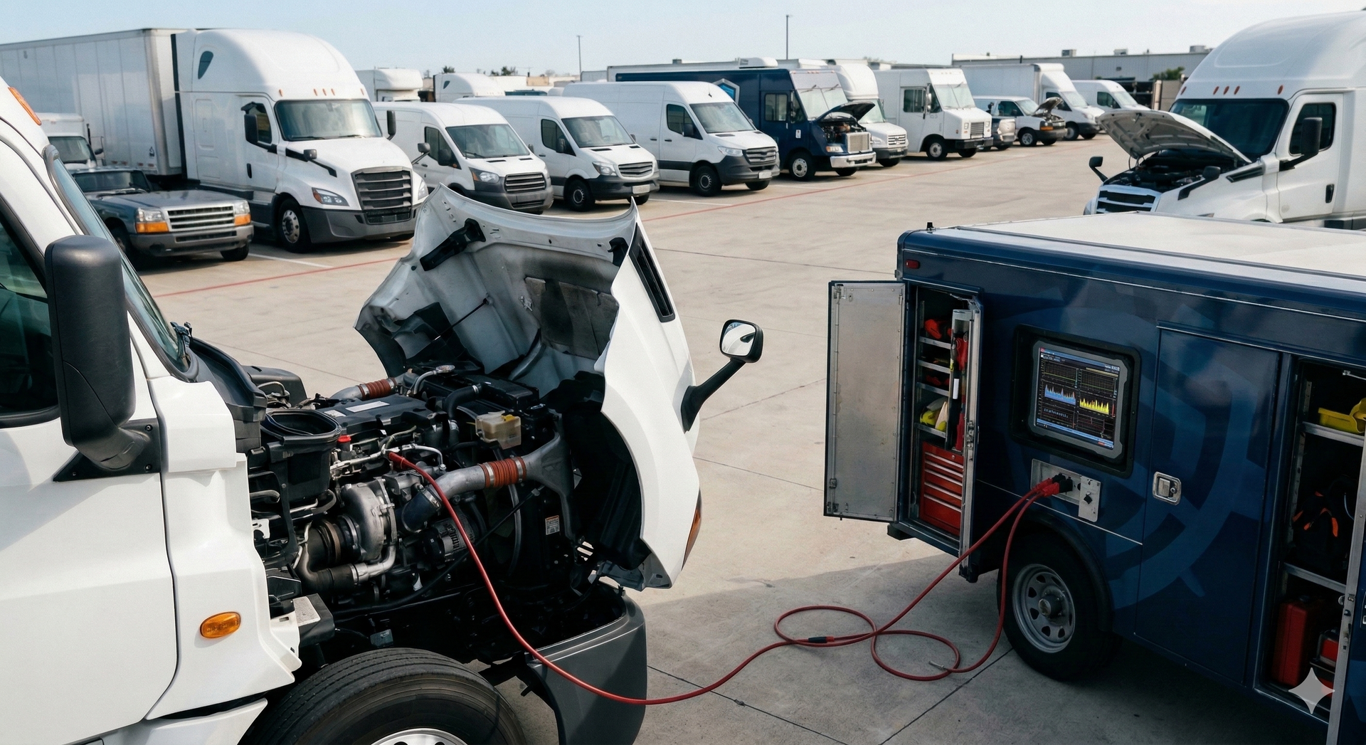 A semi-truck with an open hood is connected to a mobile repair unit. Trucks parked behind. Sunny day.