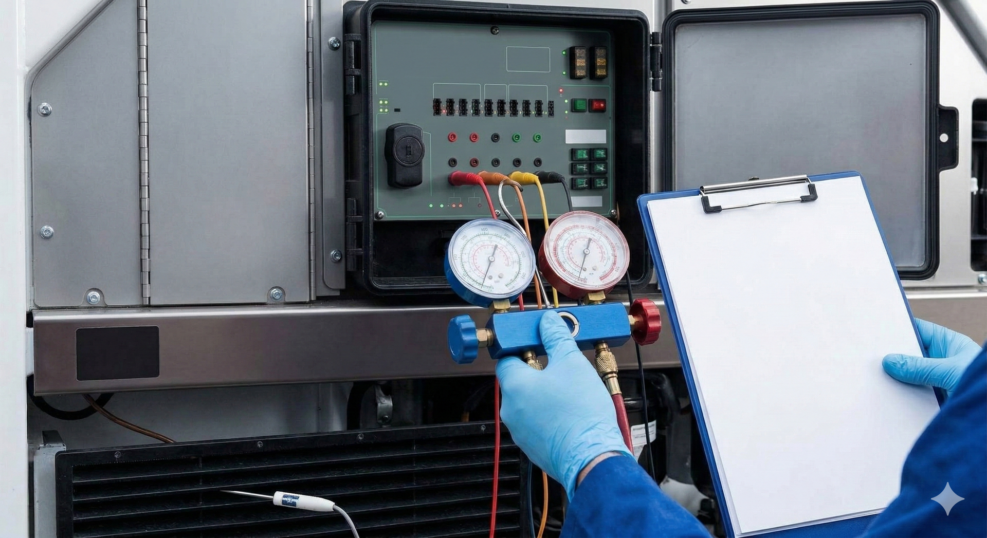 HVAC technician using gauges on a machine, checking equipment with a clipboard.