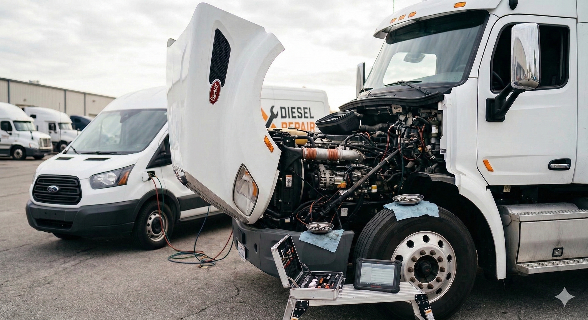 Semi-truck with open hood being worked on, diagnostics set up, van in background.