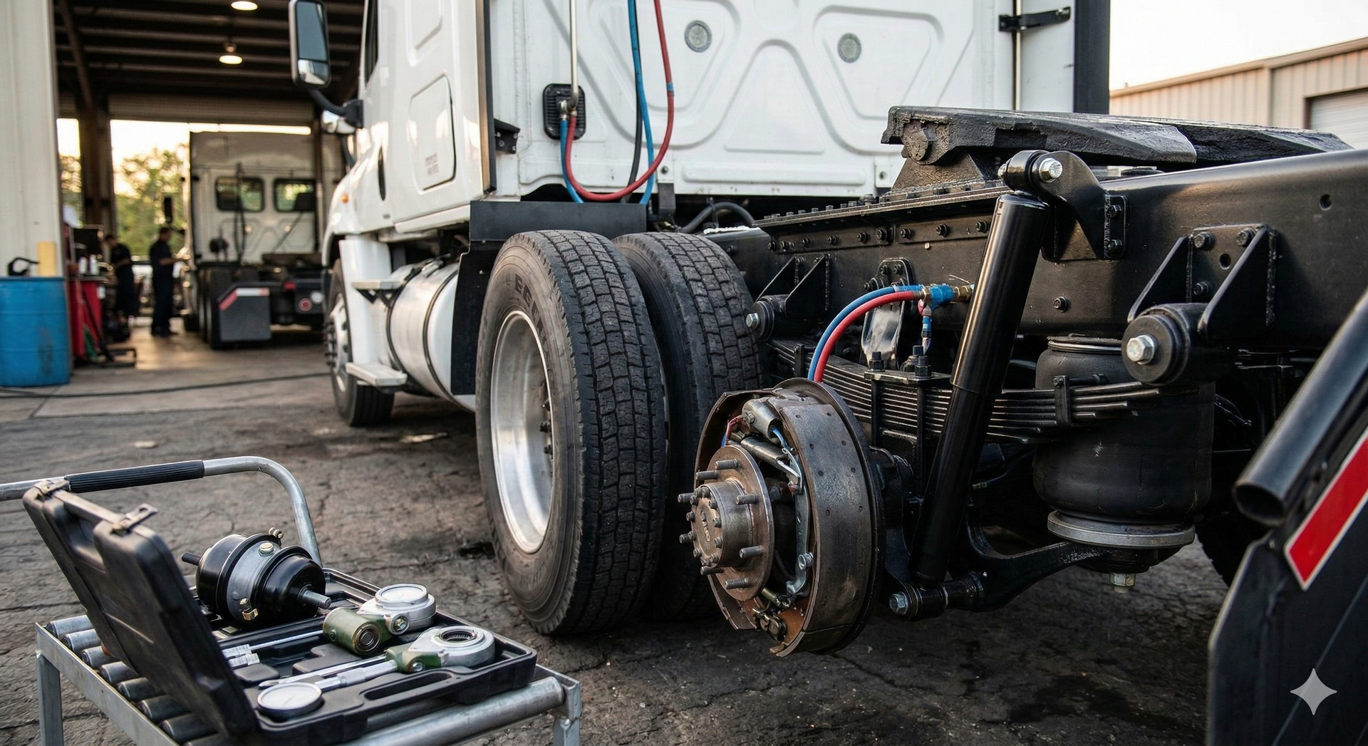 Truck being repaired in a service bay; rear wheels, undercarriage visible, mechanic tools in foreground.