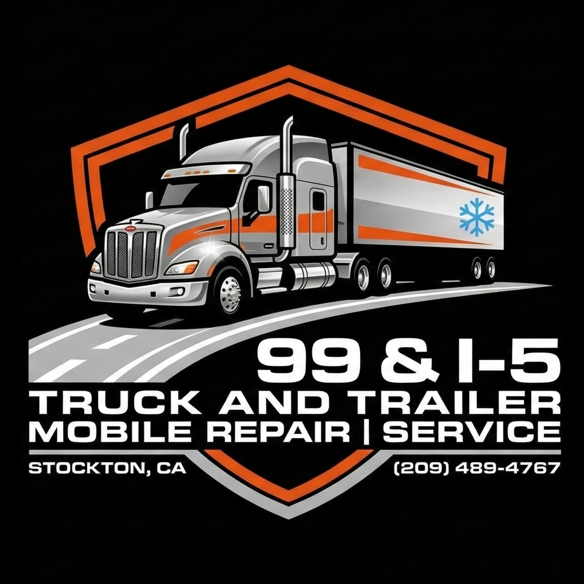 Truck and trailer repair logo, semi-truck on a road, red, white, blue. 