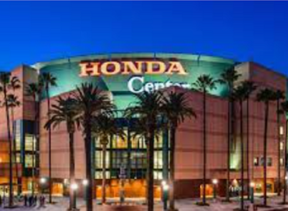 the honda center is surrounded by palm trees at night