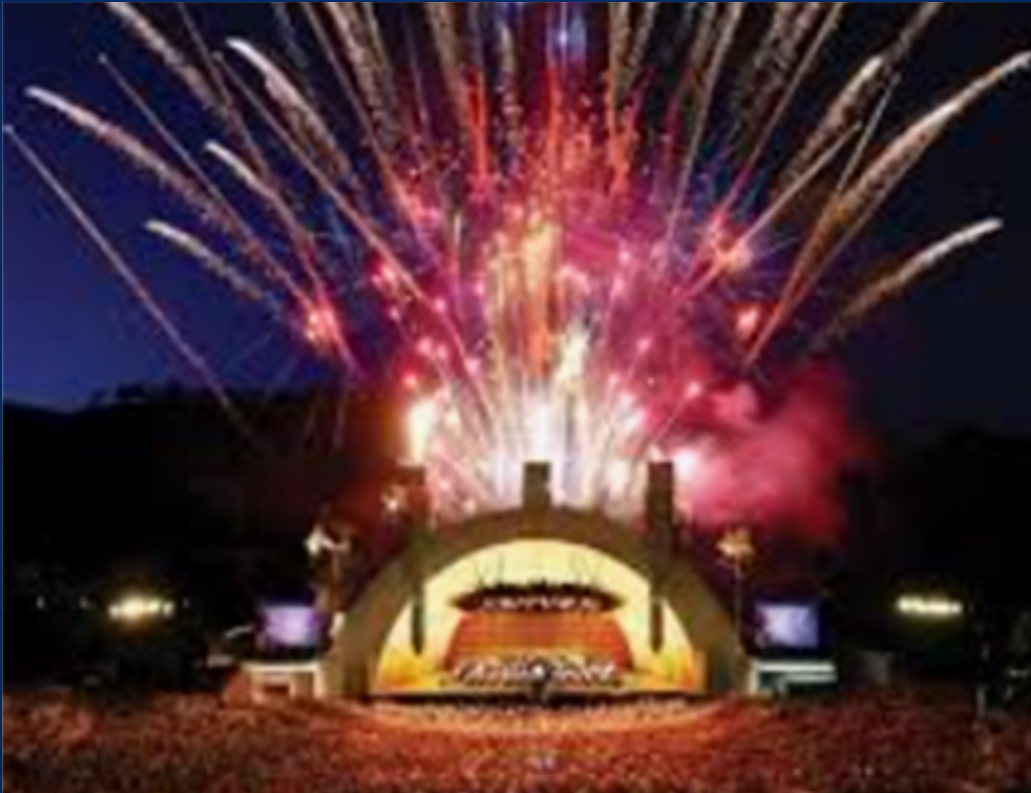 fireworks exploding over a stage at a concert