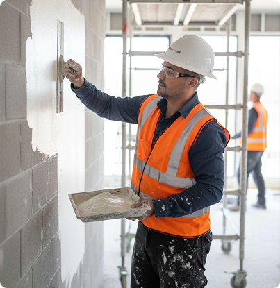 Construction worker in orange vest and hard hat smoothing a wall with a trowel indoors