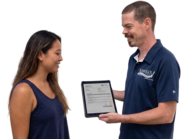 Man handing a tablet certificate to a smiling woman against a white background