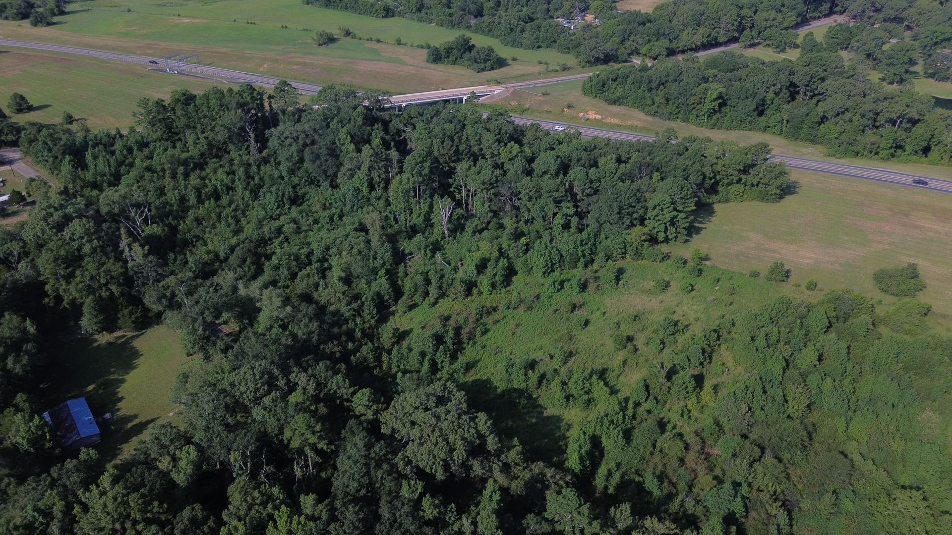 Overhead view of a green forested area with a road, and a grassy field in the distance.