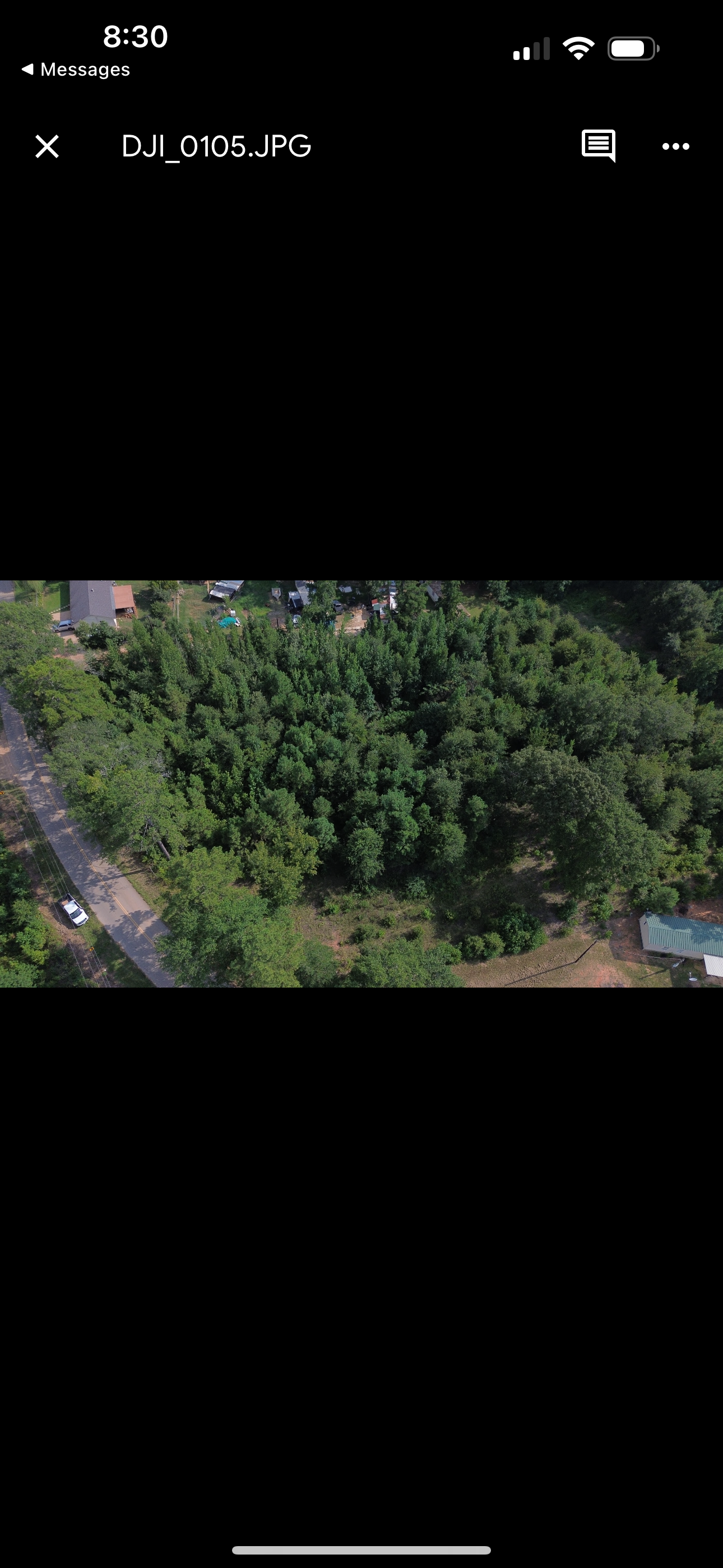 Aerial view of dense green trees, a road, and a small building.