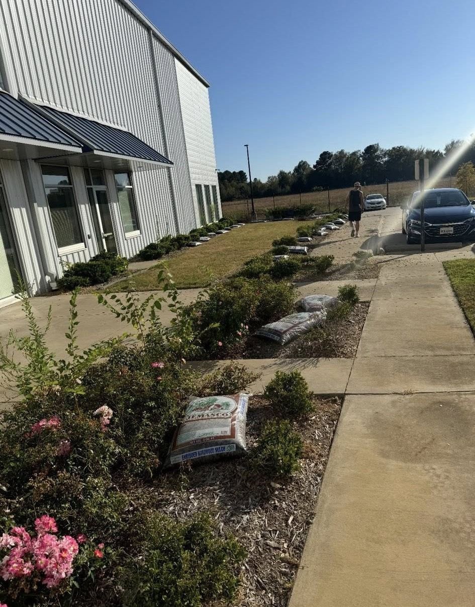 Building with landscaping; person walks near car and rows of rose bushes. Sunny day.