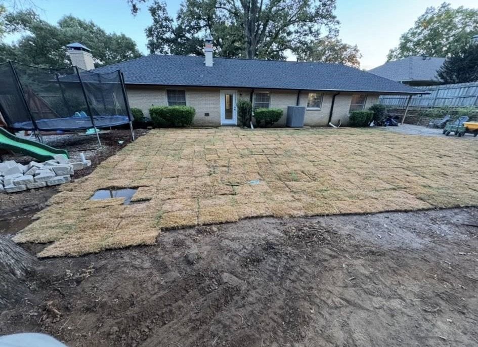 Backyard with newly laid sod; a trampoline, house with dark roof and green trees in the background.