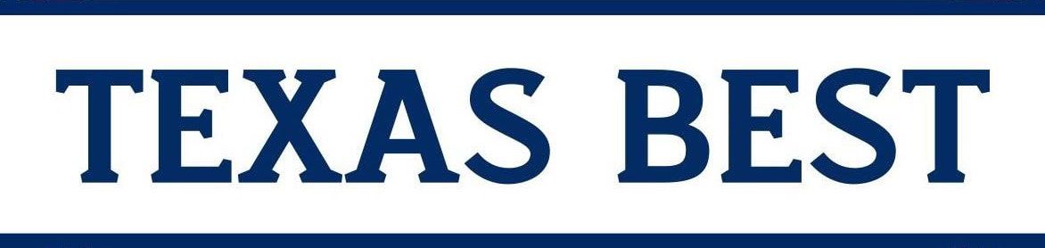 "TEXAS BEST" in dark blue letters on a white background, contained within a navy blue rectangle.