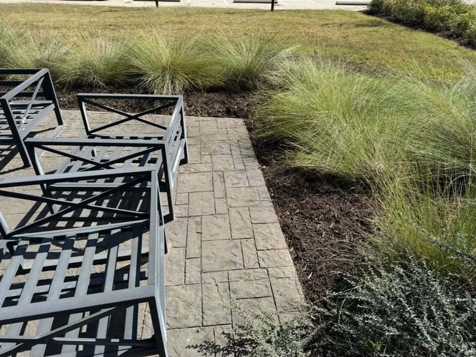 Outdoor patio with stone pavers, black metal furniture, and ornamental grasses.