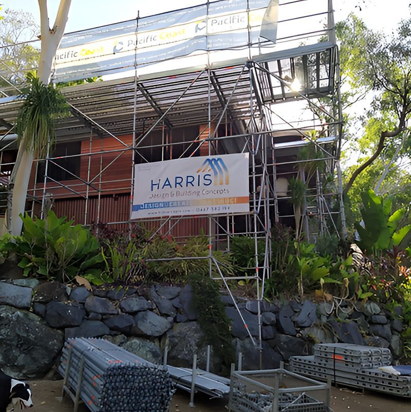 A Building Under Construction With Scaffolding — Harris Design & Building Concepts In Jubilee Pocket, QLD