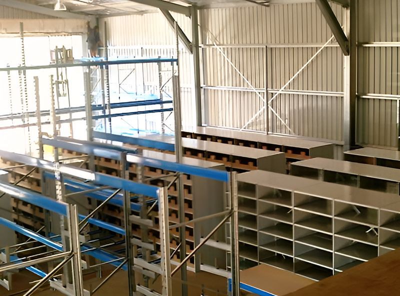 A Large Warehouse With Lots Of Shelves And Stairs — Harris Design & Building Concepts In Jubilee Pocket, QLD