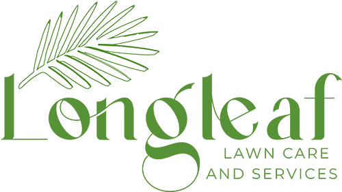 The logo for longleaf lawn care and services has a palm leaf on it.