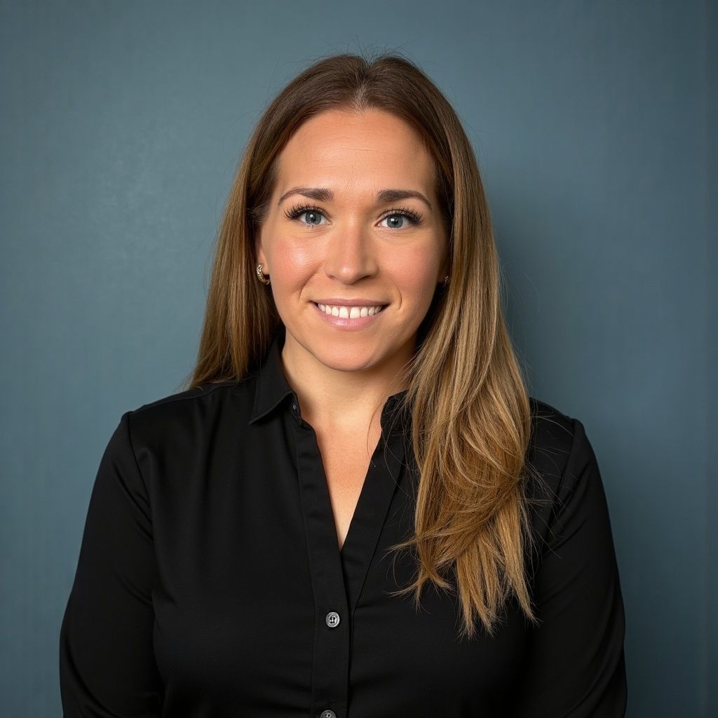 A woman in a black shirt is smiling for the camera.