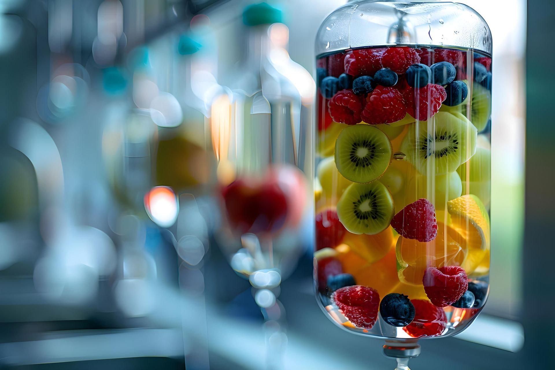 IV drip bag and tubing in a medical setting, with a blurred healthcare worker in the background.