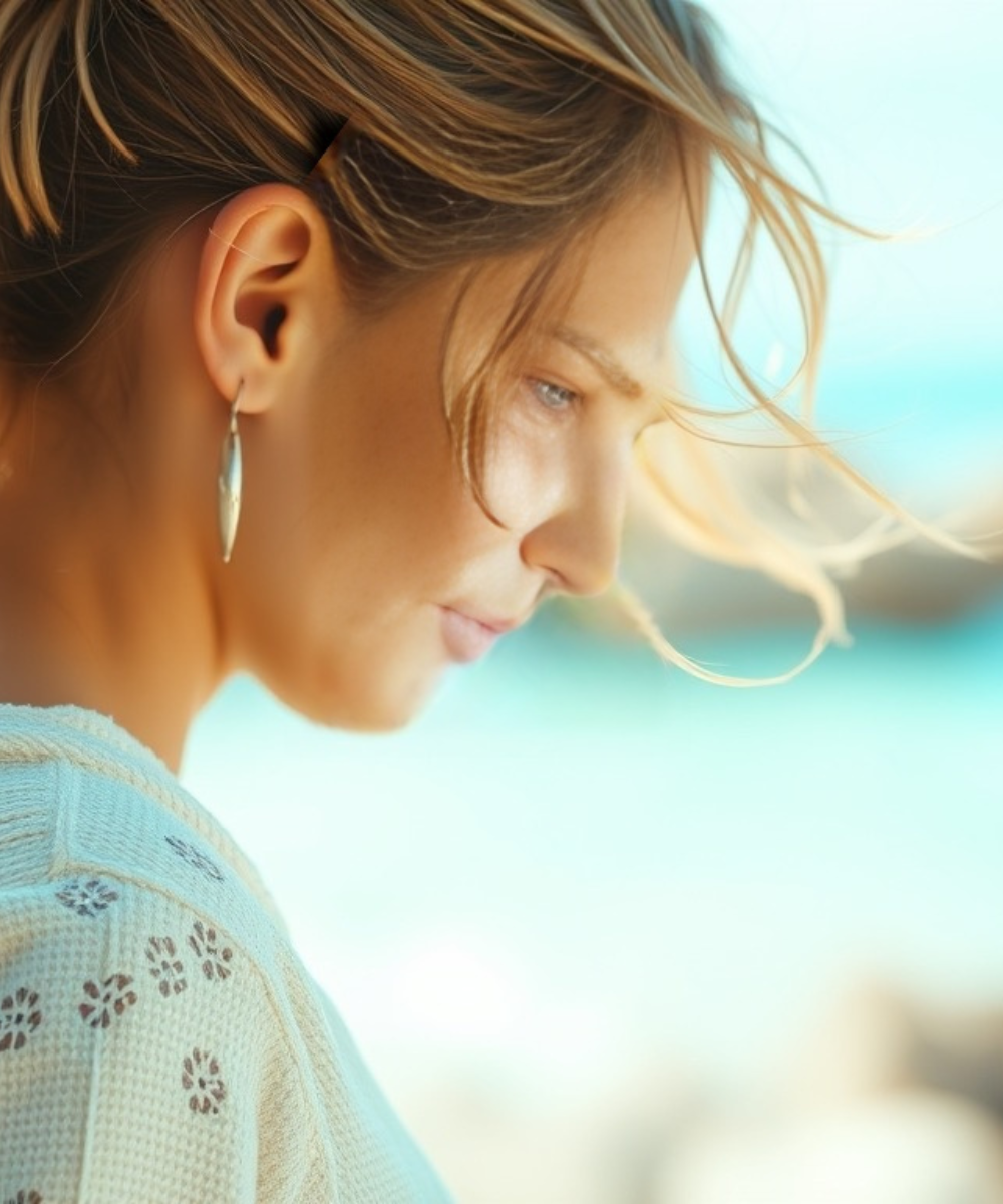 Woman receiving IV fluids in a medical setting, holding water, looking away.