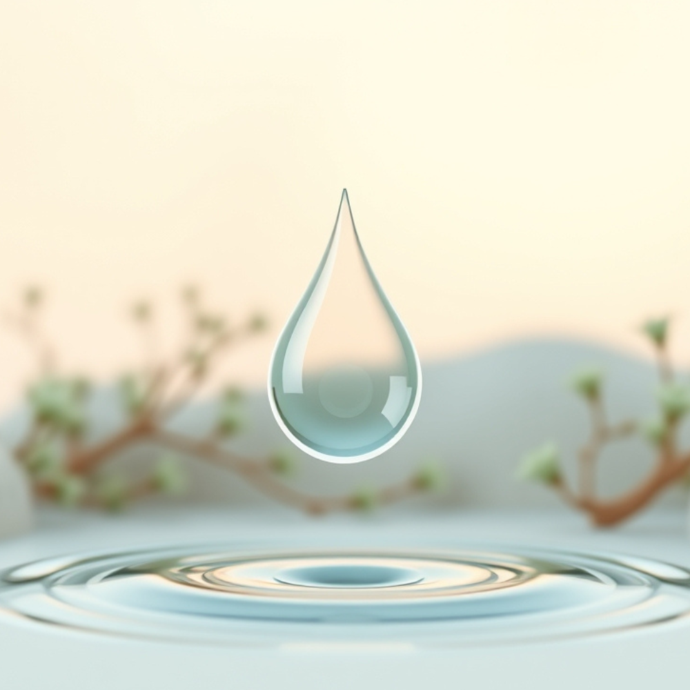 Water droplet suspended above concentric ripples, soft background.