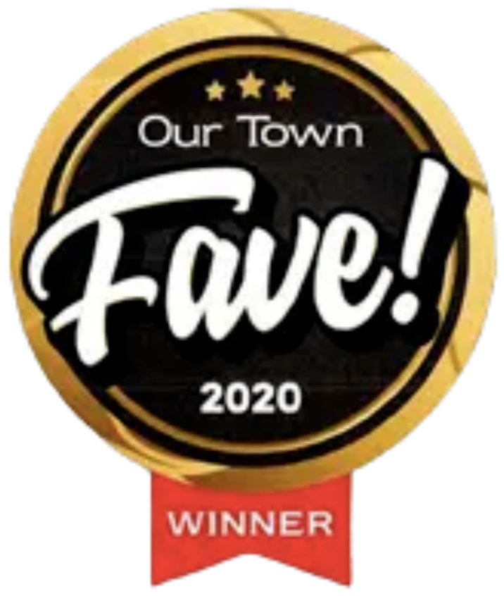 Gold and black "Our Town Fave!" award badge with three stars, 2020, and a red "WINNER" ribbon.