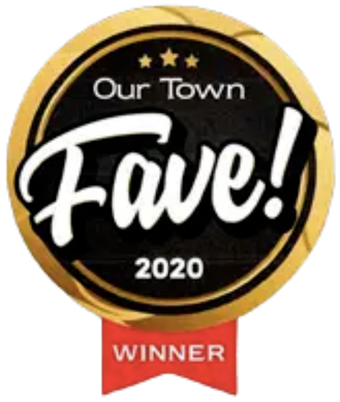 Gold and black "Our Town Fave!" award badge with three stars, 2020, and a red "WINNER" ribbon.