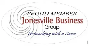 Oval logo for Jonesville Business Group with text "Proud Member" above "Jonesville Business Group"