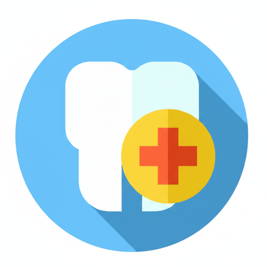 Icona a forma di dente con un segno più giallo su sfondo circolare blu.