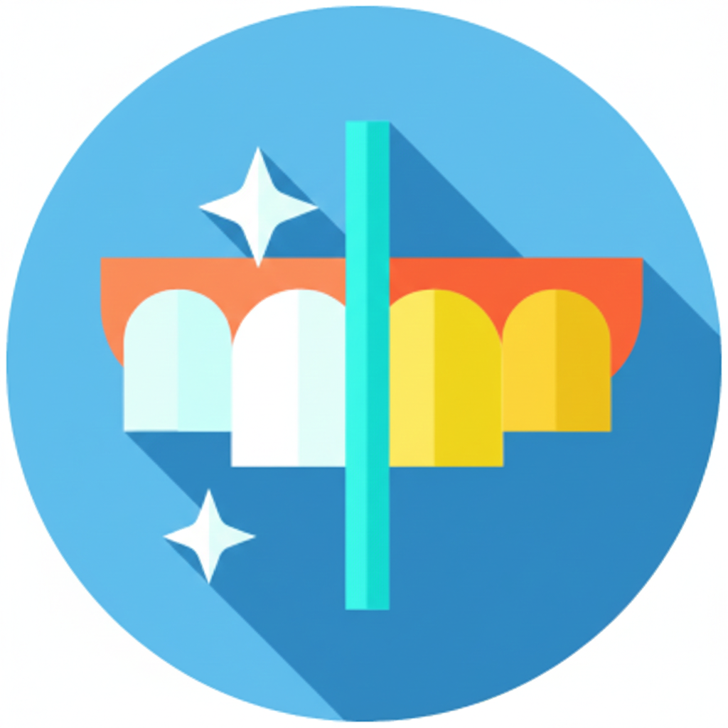 Icona dello sbiancamento dei denti, che confronta denti bianchi e puliti con denti gialli macchiati su sfondo blu.