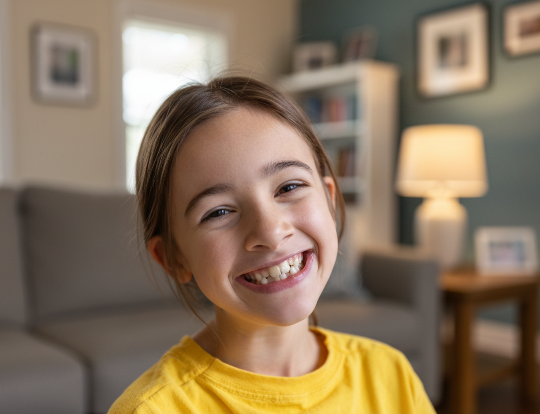 Modello dentale con apparecchio ortodontico, circondato da elastici colorati su una superficie riflettente.