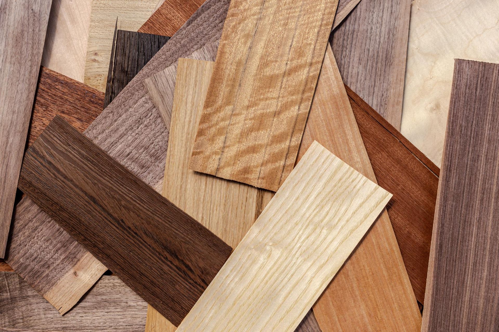 Assorted wood veneer pieces in various grains and colors, scattered on a surface.