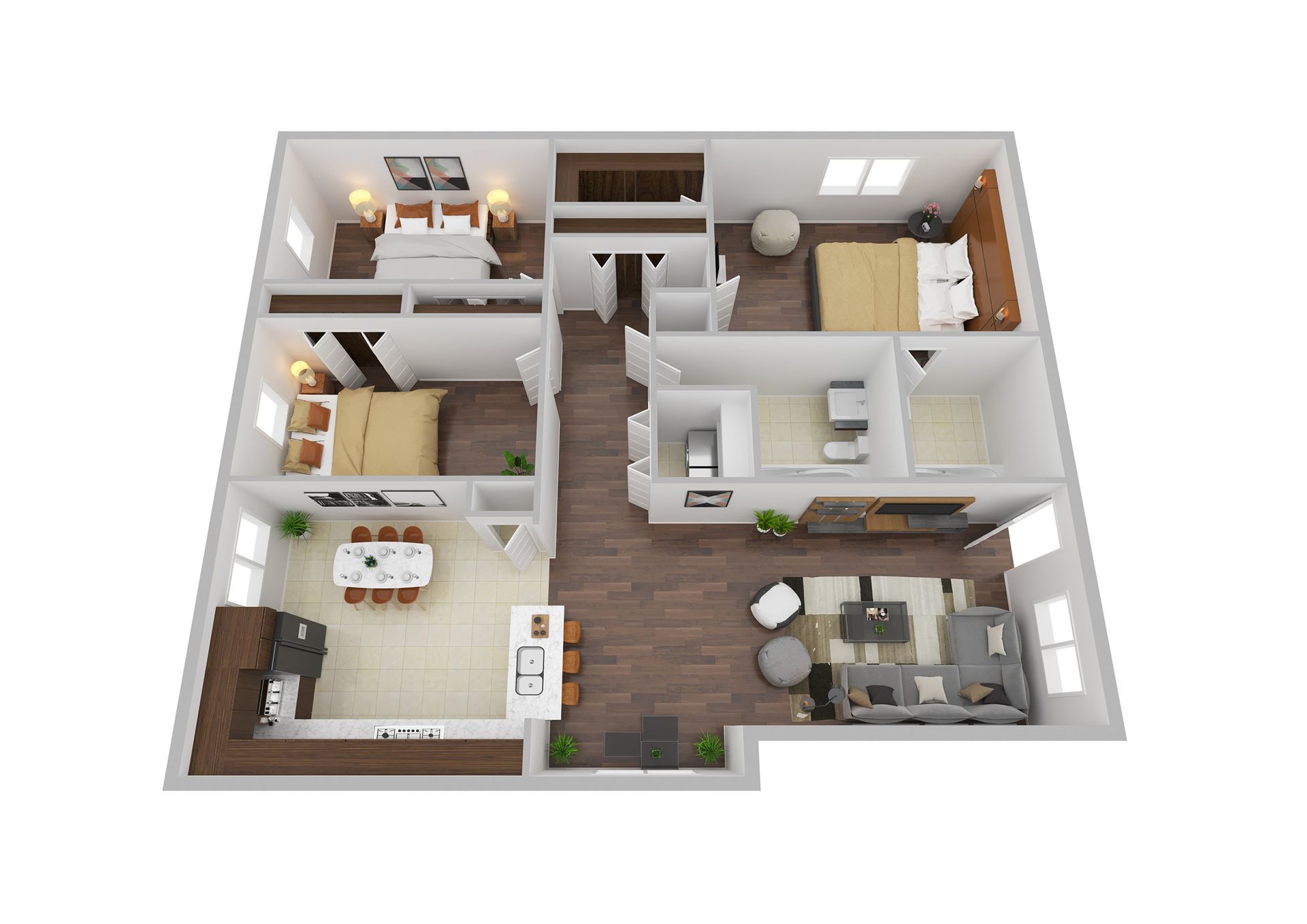 Upper level unit digitally rendered floorplan