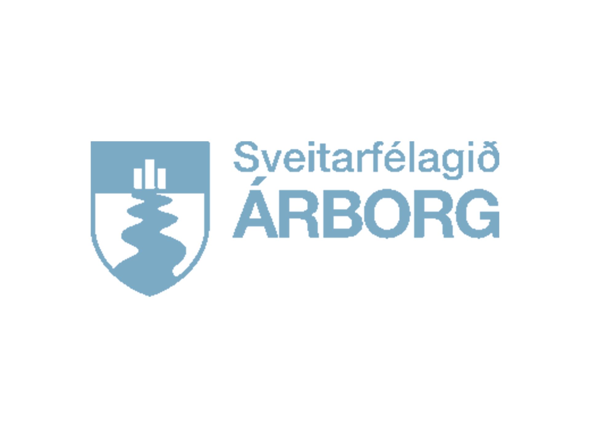 Blue emblem of Sveitarfélagið Árborg: shield with a river and buildings, text next to it.