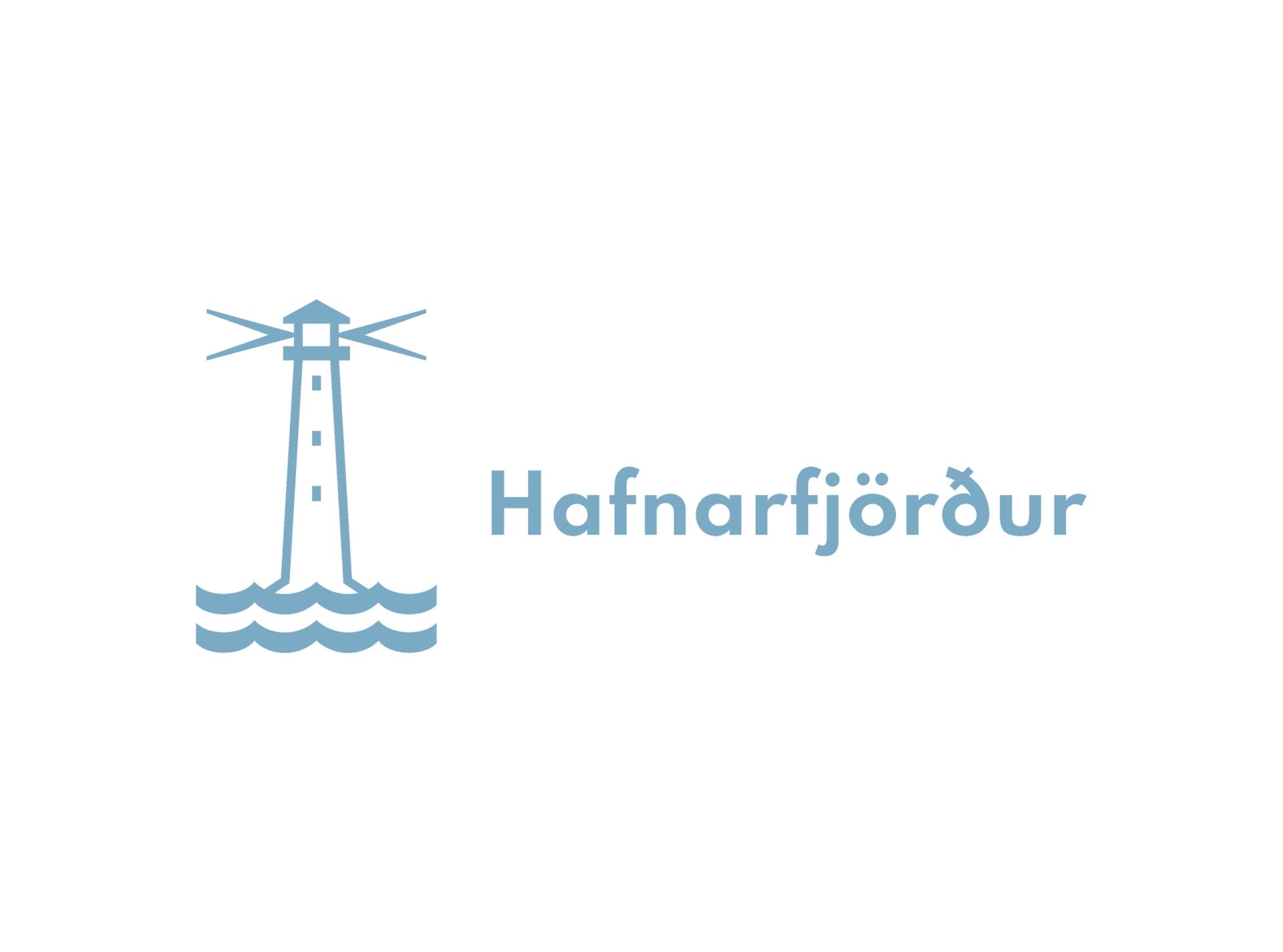 Logo for Hafnarfjörður: light blue lighthouse with text, representing the town.