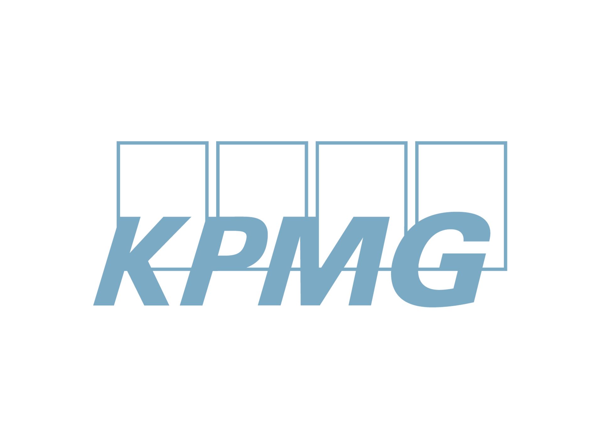 KPMG logo: blue text with four squares above, on white background.