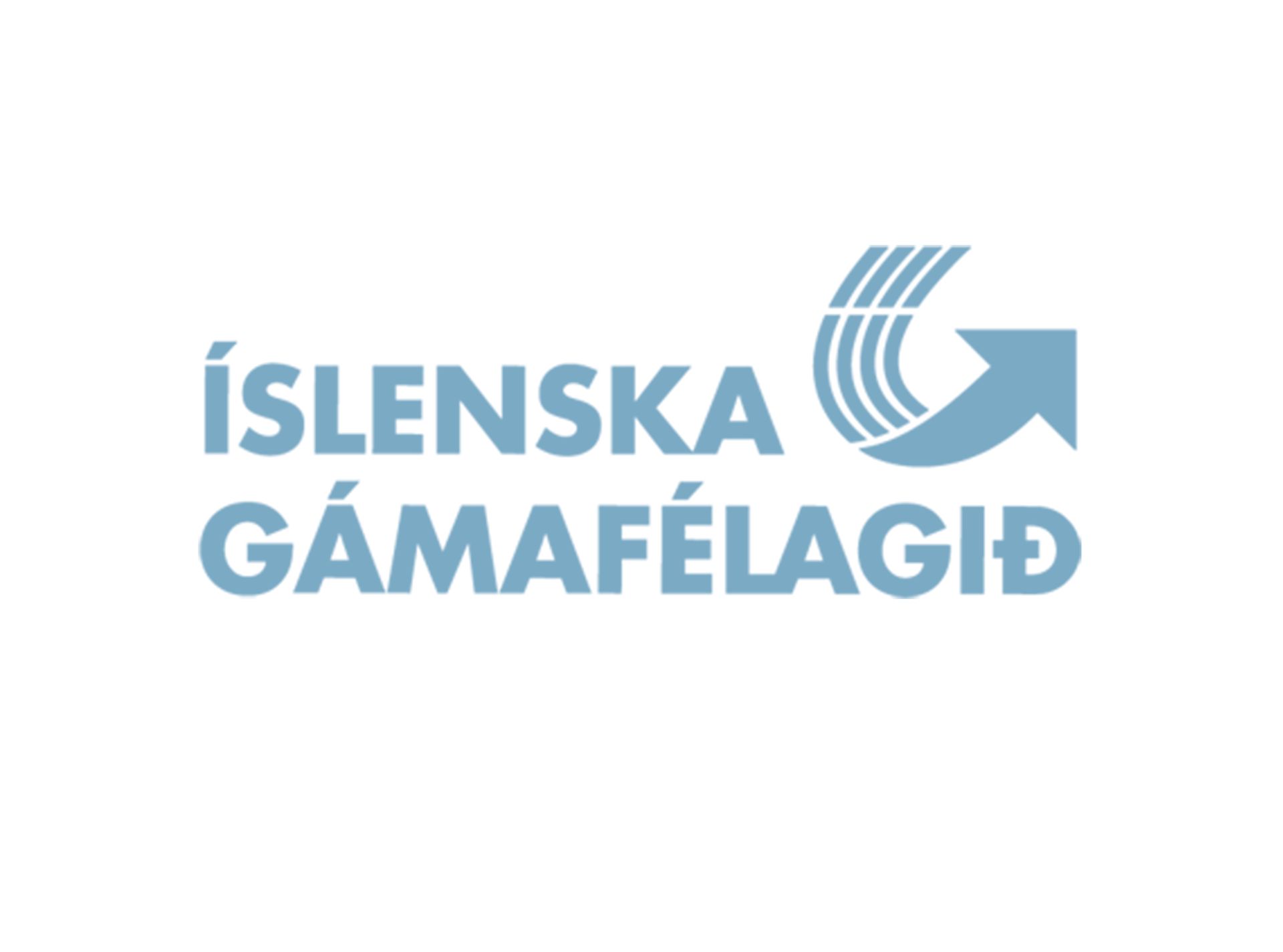 Blue text "ÍSLENSKA GÁMAFÉLAGIÐ" with an upward-pointing arrow in front of curved lines.