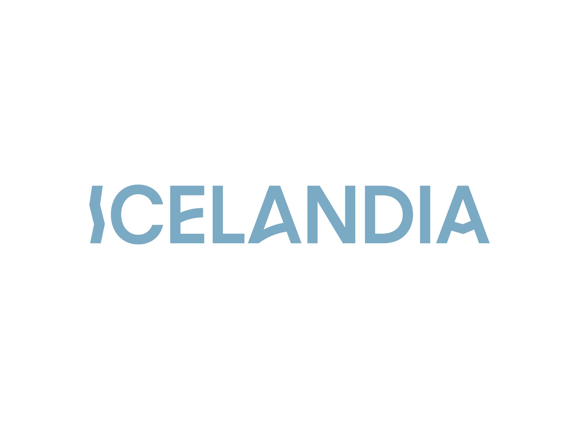 "Icelandia" in blue text, stylized "I" and "A" on white background.