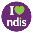 a purple circle with the word I heart NDIS on it .